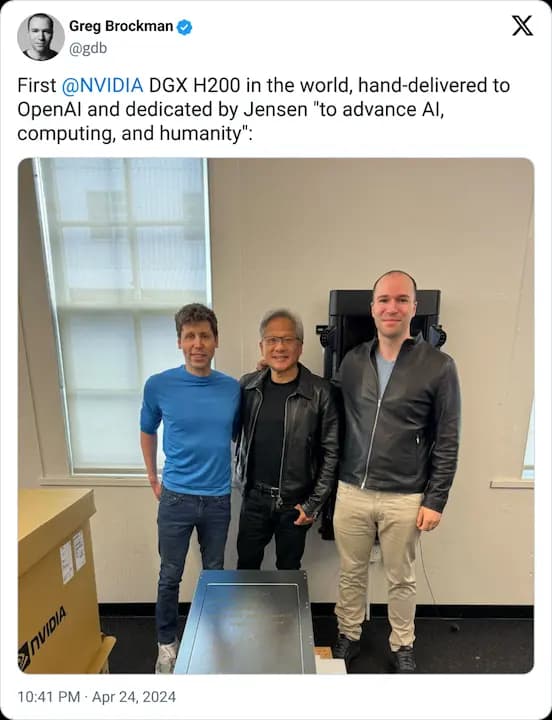 Une photo des co-fondateur d'OpenAI et d'Nvidia livrant un nouveau modèle pour IA