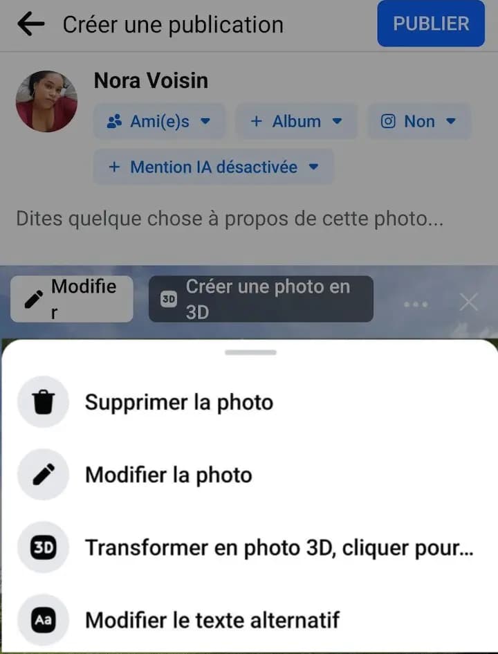Interface de publication de Facebook avec un option présente : Modifier le texte alternatif
