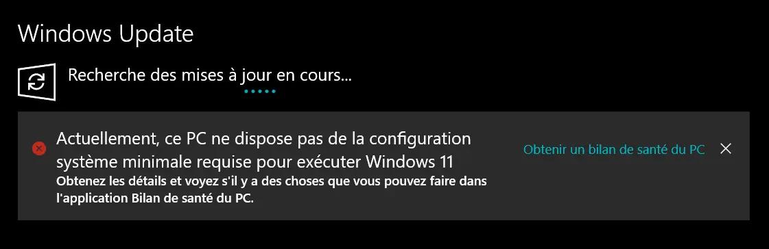 Ordinateur dont la mise à jour version Windows 11 est impossible
