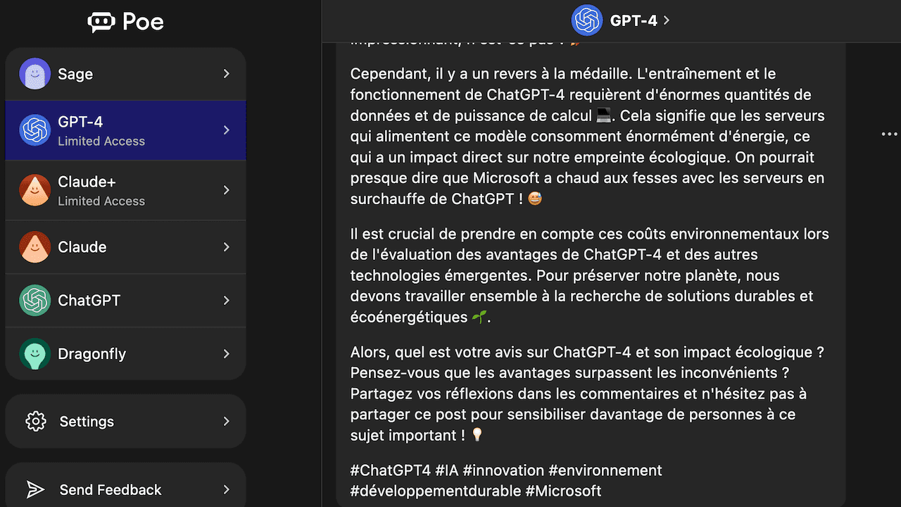 Interface de Poe permettant d'utiliser ChatGPT-4