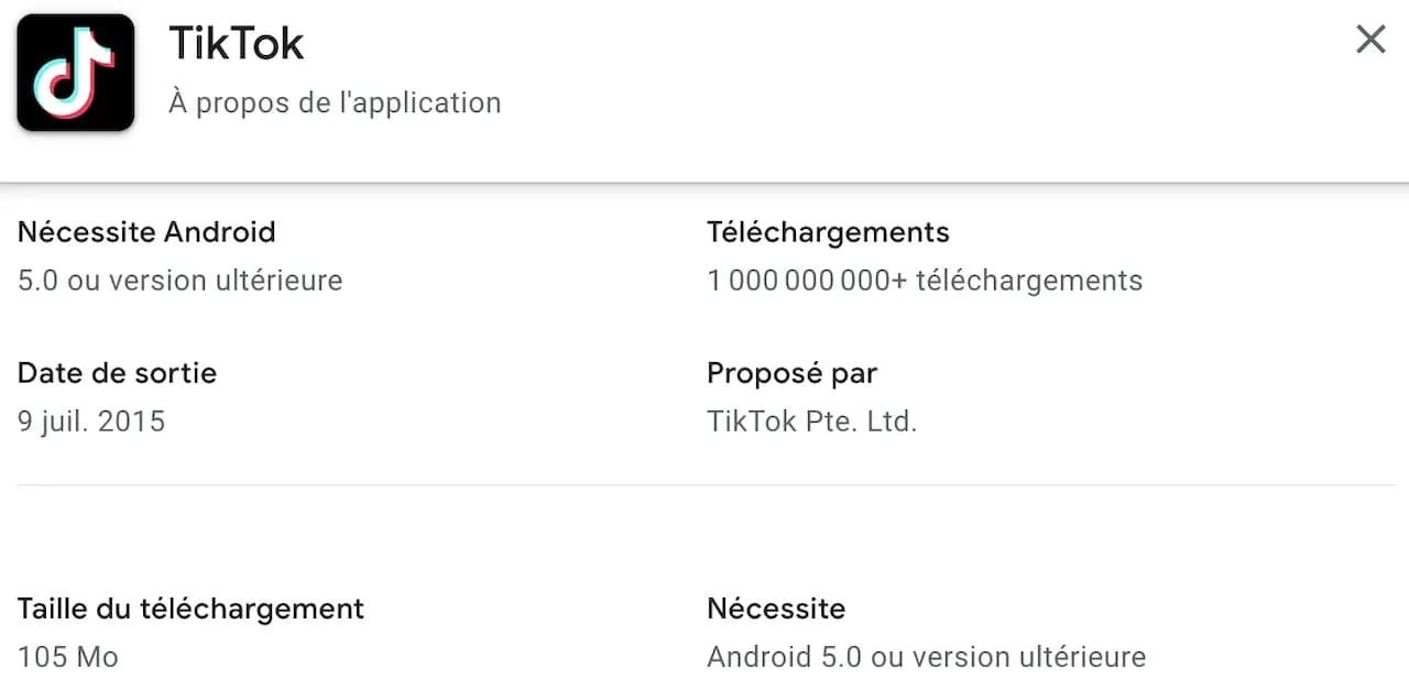 Poids de l'installation de TikTok Classic 105Mo