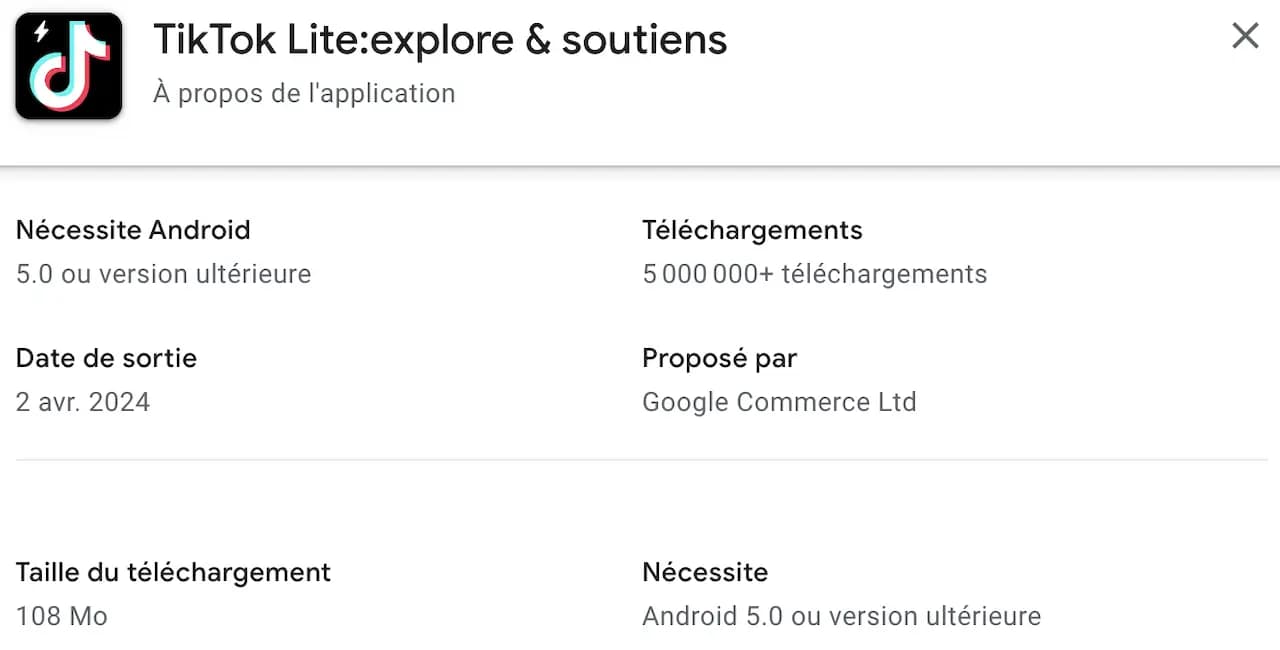 Poids de l'installation de TikTok Classic 108Mo