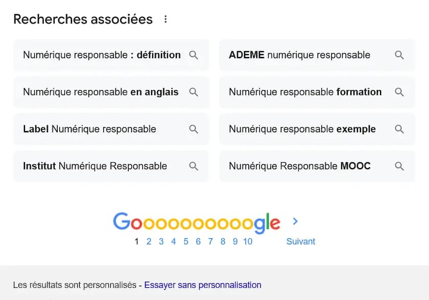 En bas de la page de recherche, on retrouve la mention "Les résultats sont personnalisés - Essayer sans personnalisation"