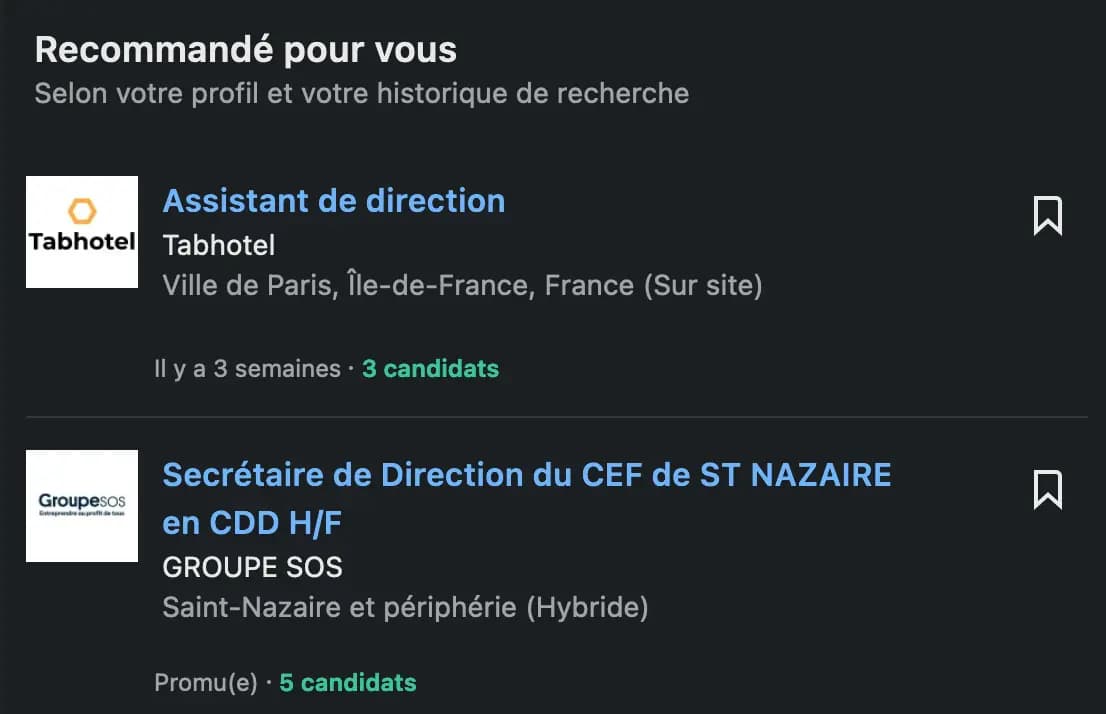 Linkedin propose des offres d'emplois en fonction des informations du profil de l'utilisateur