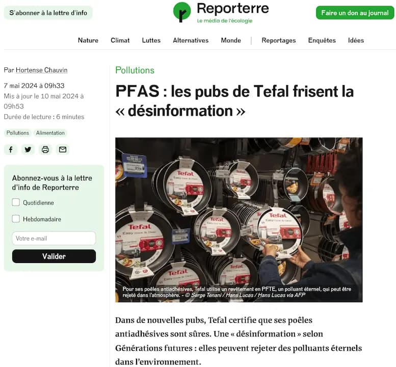 Reporterre - article - PFAS : les pubs de Tefal frisent la « désinformation »