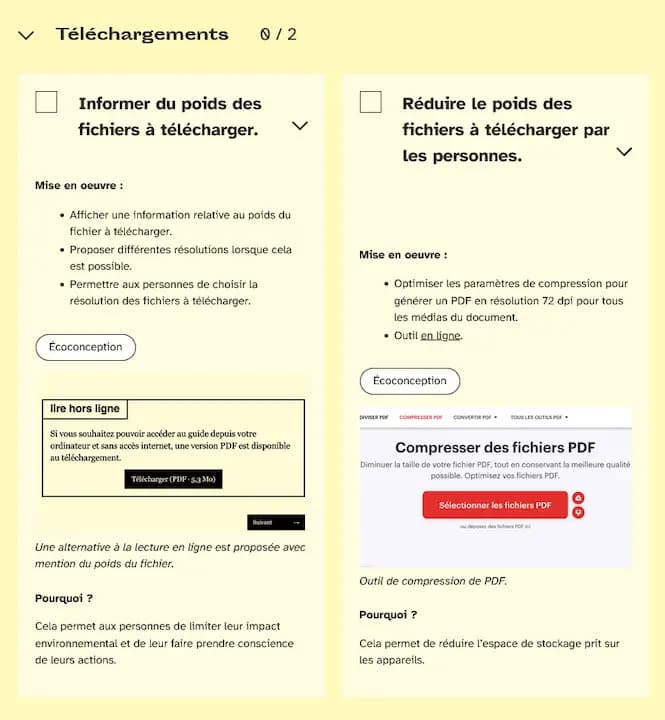 Exemple section téléchargements - Informer du poids des fichiers à télécharger - Réduire le poids des fichiers à télécharger par les personnes