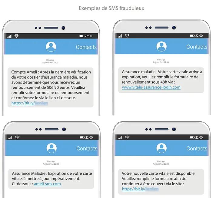 Exemple SMS frauduleux : Assurance Maladie : Expiration de votre carte vitale, à mettre à jour impérativement. Ci-dessous : ... 