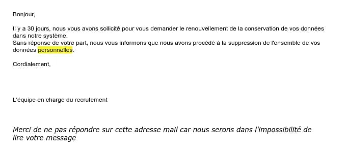 Un mail indiquant que les données personnelles récoltées seront supprimées automatiquement au bout de 30 jours sans demande de renouvellement