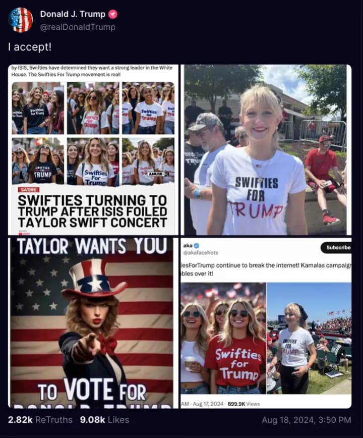 Post de Donald Trump sur son réseau The Truth avec des images générés par IA contenant des fans de Taylor Swift indiquant soutenir Trump et une affichage Taylor Swift wants you to vote for Donald Trump
