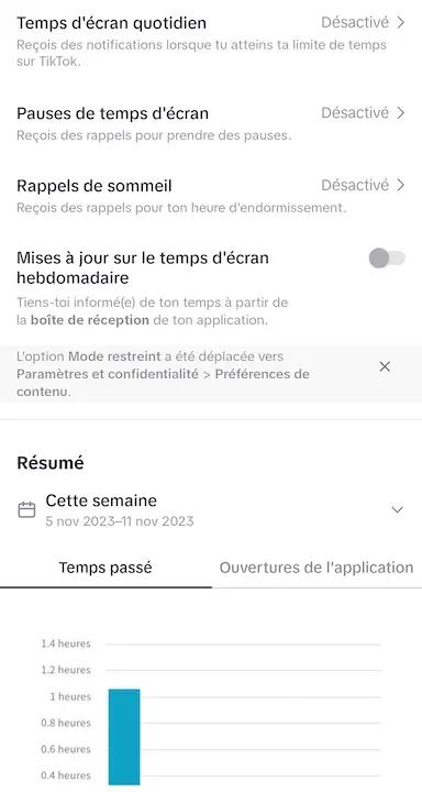 Ecran Tiktok avec différents paramètres > Temps d'écran quotidien > Pauses de temps d'écran > Rappels de sommeil > Mises à jour sur le temps d'écran hebdomadaire 