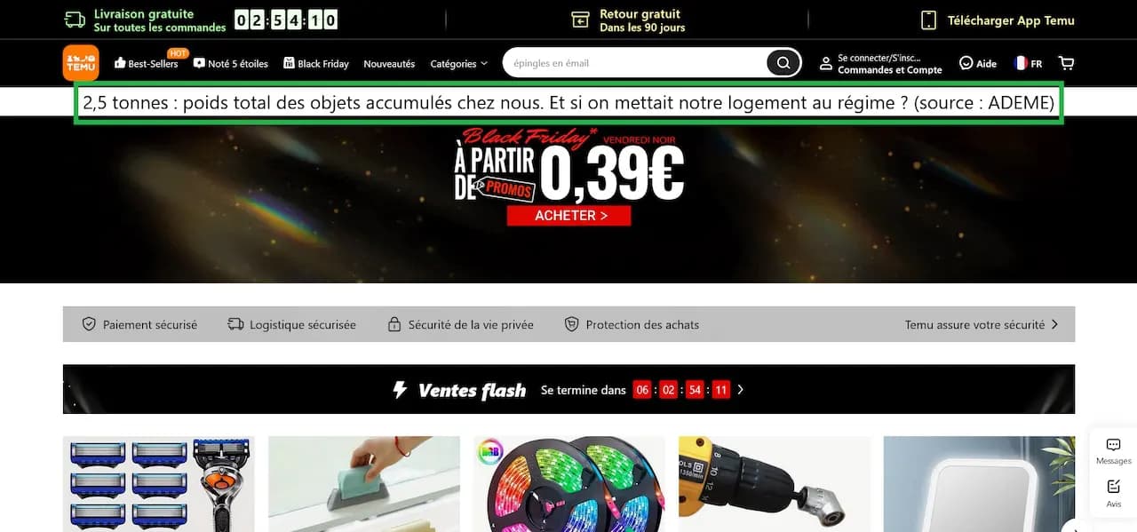 Capture avec la bannière 'Nos produits ne respectent pas les standards de qualité de l’Union européenne. Mais vous les achetez toujours, merci à vous !'