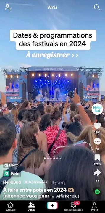 Interface TikTok avec un l'onglet Amis activé contenant un exemple de contenu (programmation des festivals 2024)