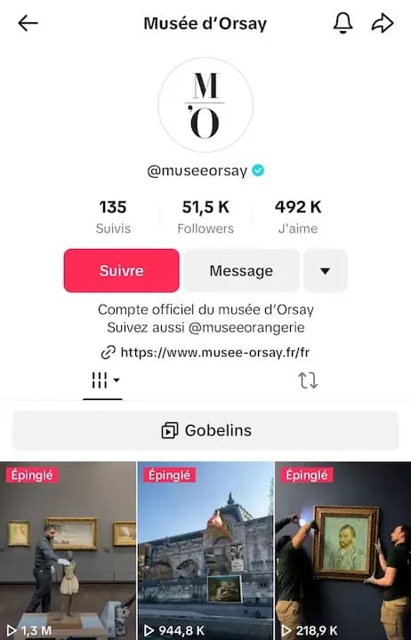 Compte Tiktok Musee d'Orsay avec 51,5 k followers et 492 K j'aime