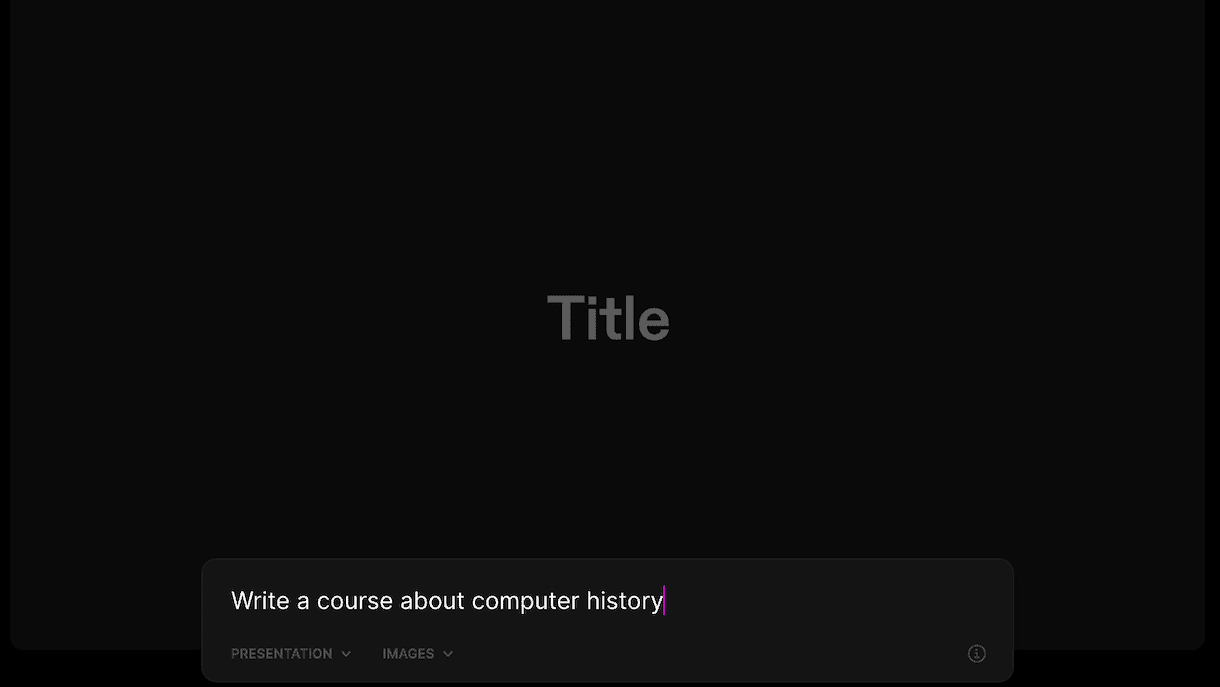 Tome App interface to create a course, we have only a prompt to write