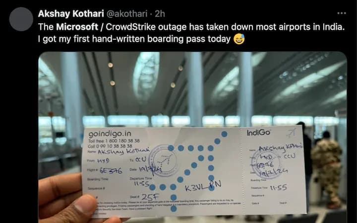 The Microsoft / CrowdStrike outage has taken down most airports in India.
I got my first hand-written boarding pass today