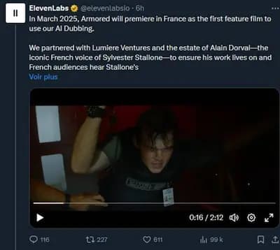 Post sur X - In March 2025, Armored will premiere in France as the first feature film to use our Al Dubbing.
We partnered with Lumiere Ventures and the estate of Alain Dorval-the iconic French voice of Sylvester Stallone-to ensure his work lives on and French audiences hear Stallone's