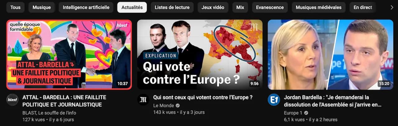 Youtube recommandant une vidéo du média Blast intitulé "ATTAL -BARDELLA: UNE FAILLITE POLITIQUE ET JOURNALISTIQUE", suivi d'une vidéo du Monde "Quisontceuxquivotentcontrel'Europe ?", jusqu'a une vidéo d'Europe 1 "Jordan Bardella: "Je demanderai la dissolution de l'Assemblée si j'arrive en..."