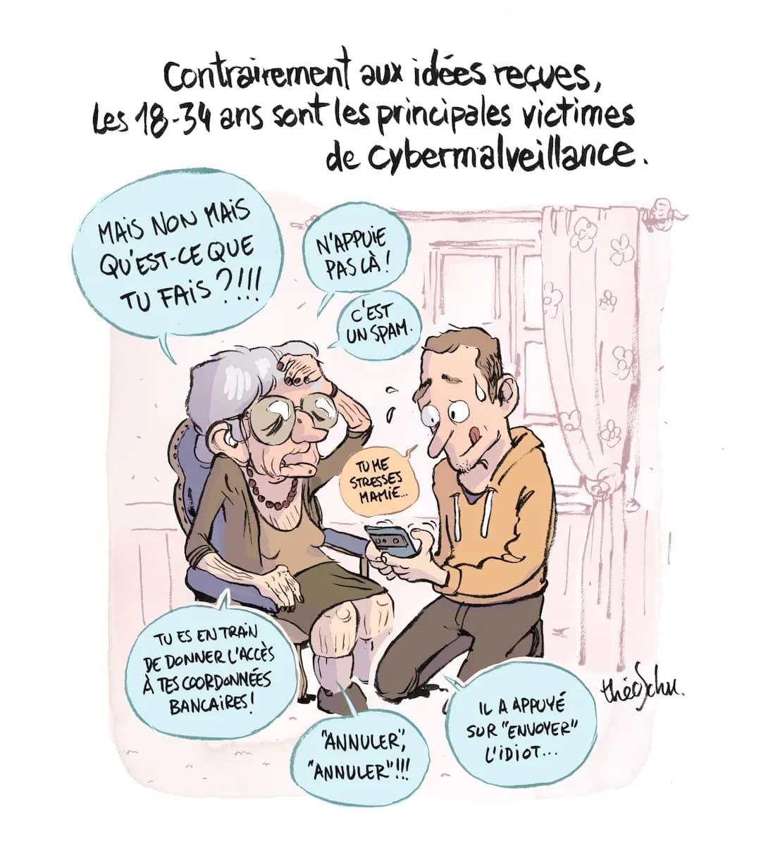 MAIS NON MAiS QU'EST-CE QUE TU FAiS?!!! > N'APPUIE PAS LÀ! > C'EST UN SPAM. > TU ME STRESSES MAMiE > TU ES EN TRAN DE DONNER L'ACCÈS À TES COORDONNÉES BANCAiRES ! > "ANNULER", "ANNULER'"!!! > IL A APPUYÉ SUR "ENVOYER" L'iDIOT...