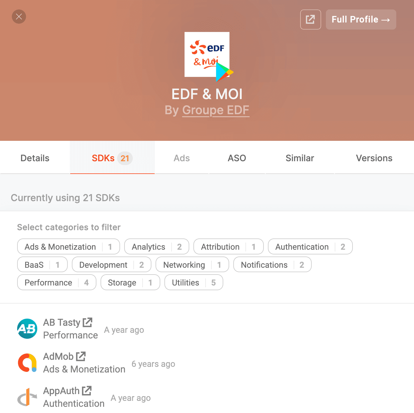 AppTasty, Admob, AppAuth sont des SDK présents dans l'application EDF et Moi