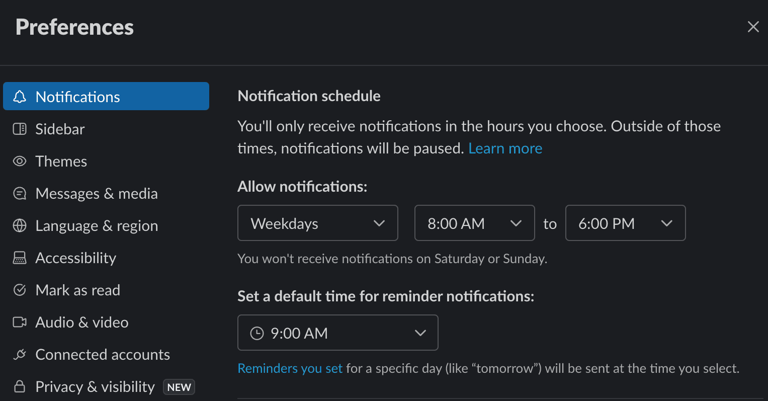 Slack control panel to specify the days and times for which notifications are allowed