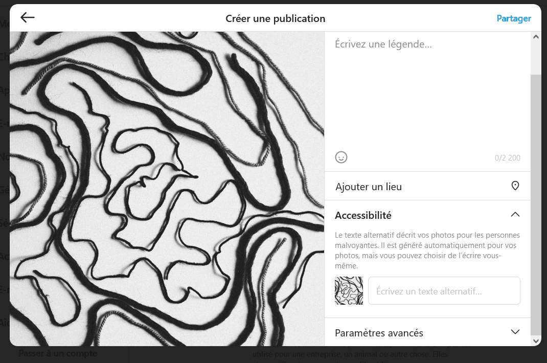 Le champ de texte alternatif de Instagram