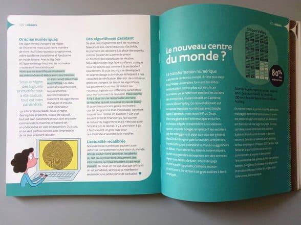 Double-page du livre Ma vie sous algorithmes. Sur la page de gauche figurent les grands titres suivants : "Oracles numériques", "Des algorithmes décident" et "L'actualité recalibrée". Sur la page de droite : "Le nouveau centre du monde ?"
