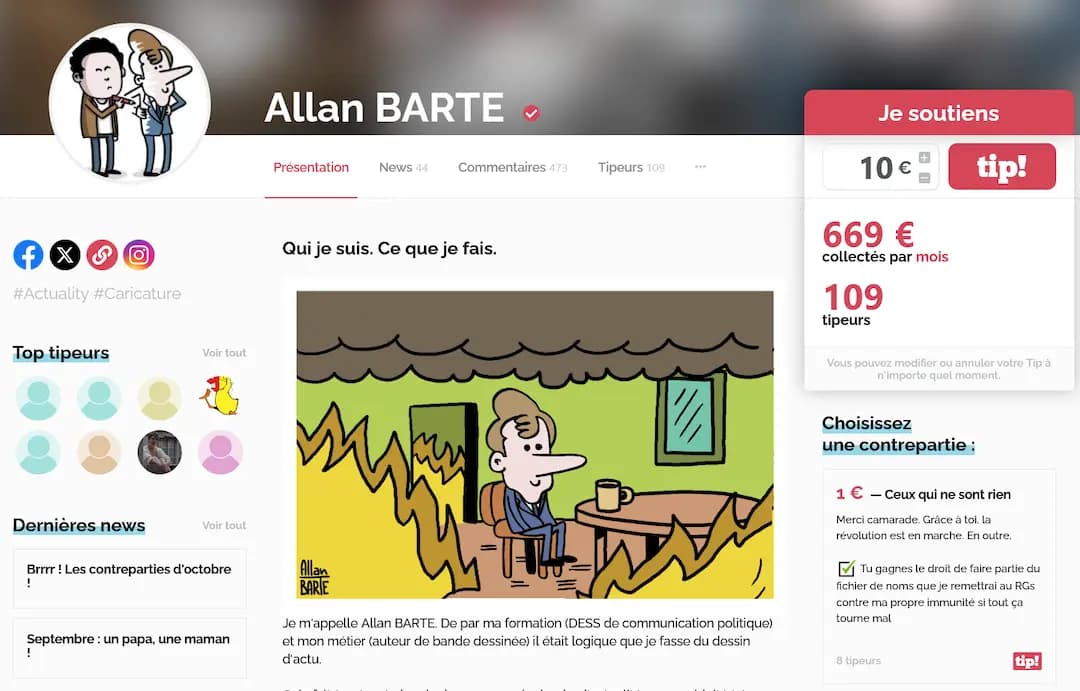 Allan Barte un auteur de BD collecte 669€/mois avec 109/tipeurs (donateurs) pour son travail