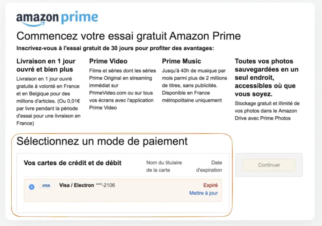 Commencez votre essai gratuit Amazon Prime - Sélectionnez un mode de paiement