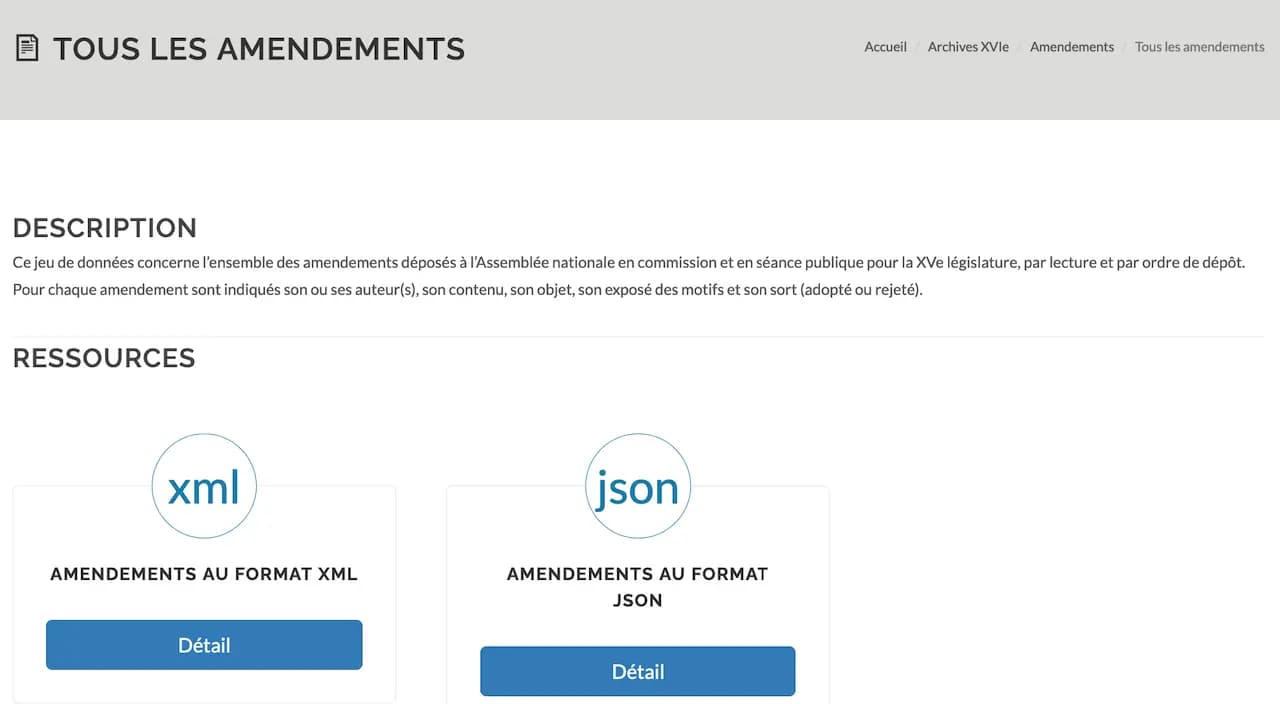 Récupération des amendements au format JSON / XML avec cette description : ce jeu de données concerne l'ensemble des amendements déposés à l'Assemblée nationale en commission et en séance publique pour la XVe législature, par lecture et par ordre de dépôt. Pour chaque amendement sont indiqués son ou ses auteur(s), son contenu, son objet, son exposé des motifs et son sort (adopté ou rejeté).
