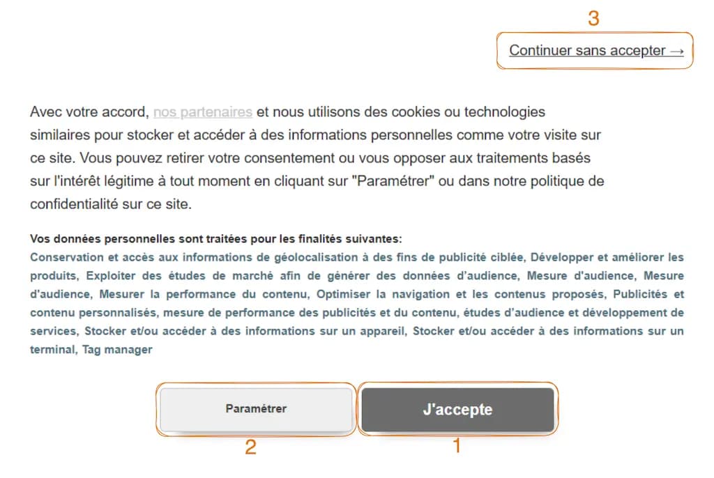 1 bouton mis en avant J'accepte, 1 second moins mis en avant Paramétrer et un dernier encore plus caché nommé Continuer sans accepter