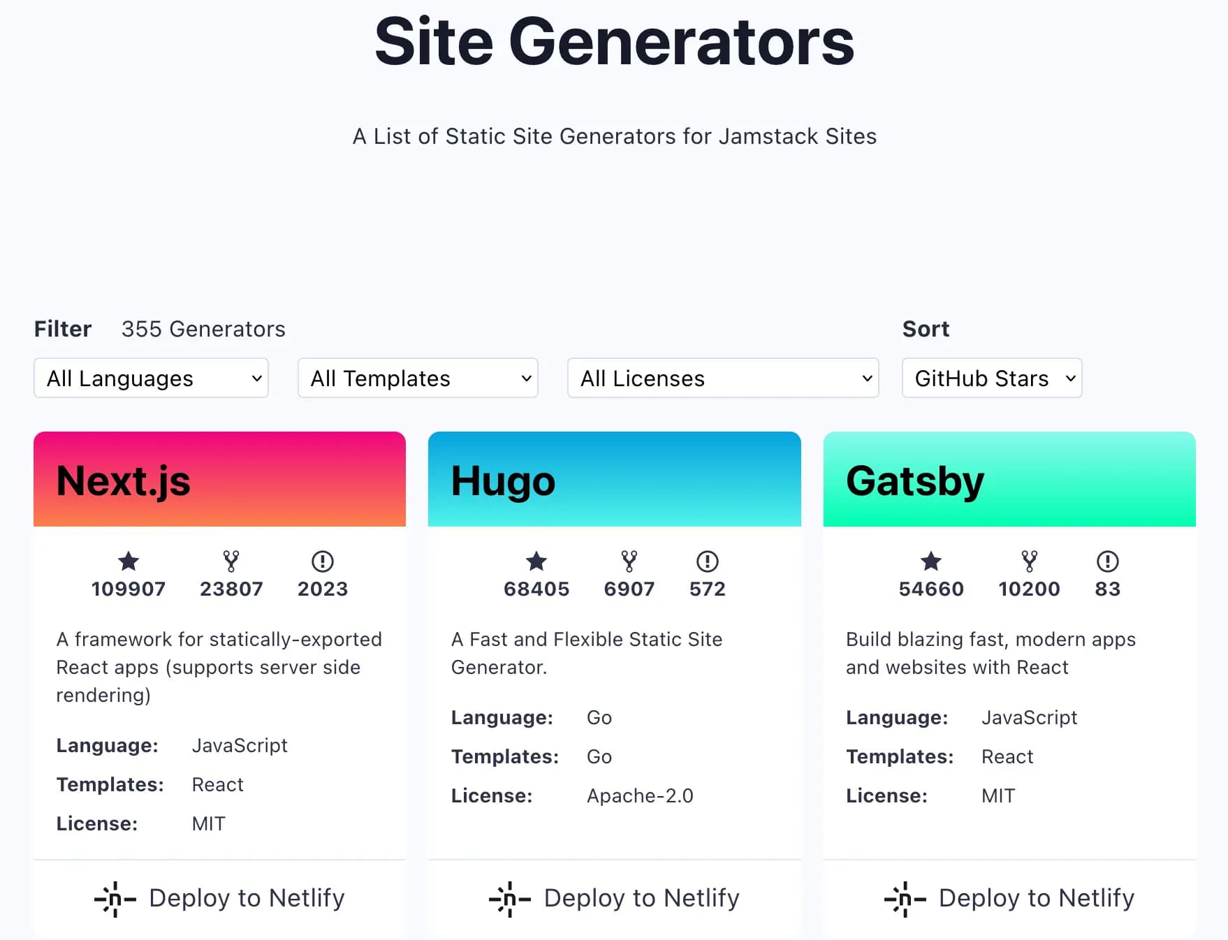 Site Generators > A List of Static Site Generators for Jamstack Sites > 355 Generators > Next.js > Hugo > Gatsby