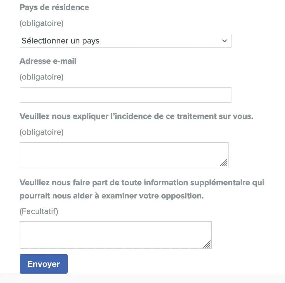 Formulaire de Meta/Instagram pour s'opposer à l'usage de nos données personnelles pour leur IA, les champs comprennent : Pays de résidence, Adresse e-mail, Veuillez nous expliquer l'incidence de ce traitement sur vous, Veuillez nous faire part de toute information supplémentaire qui pourrait nous aider à examiner votre opposition.