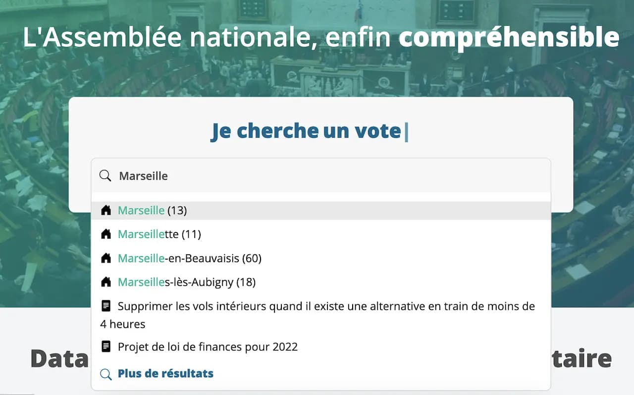 En tapant Marseille dans la barre de recherche, j'ai comme résultat : Marseille, Marseillette, Projet de loi finance 2022, ...