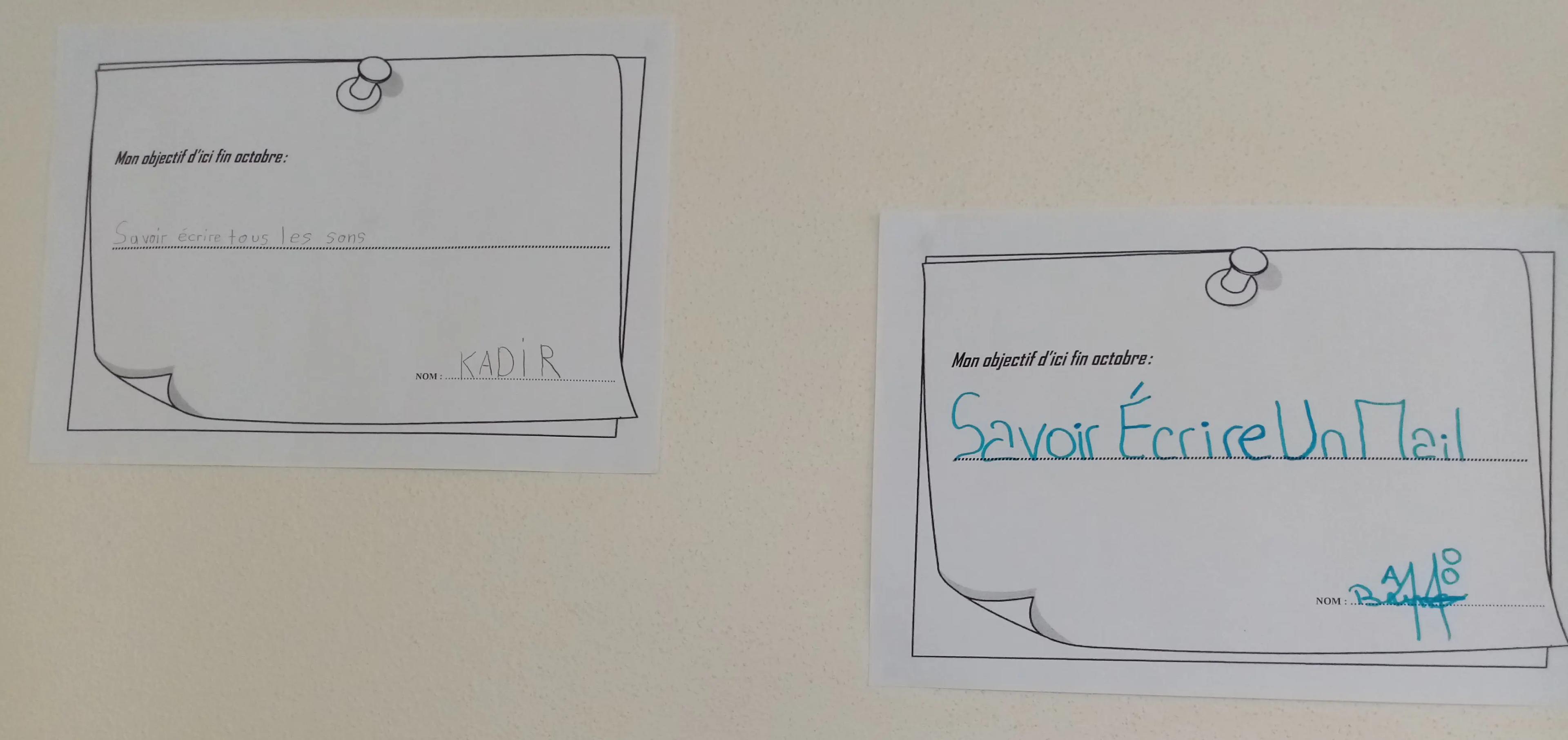 Post it des apprenants : Mon objectif d'ici fin octobre : Savoir écrire tous les sons pour Kadir et pour une autre personne : Savoir écrire un mail
