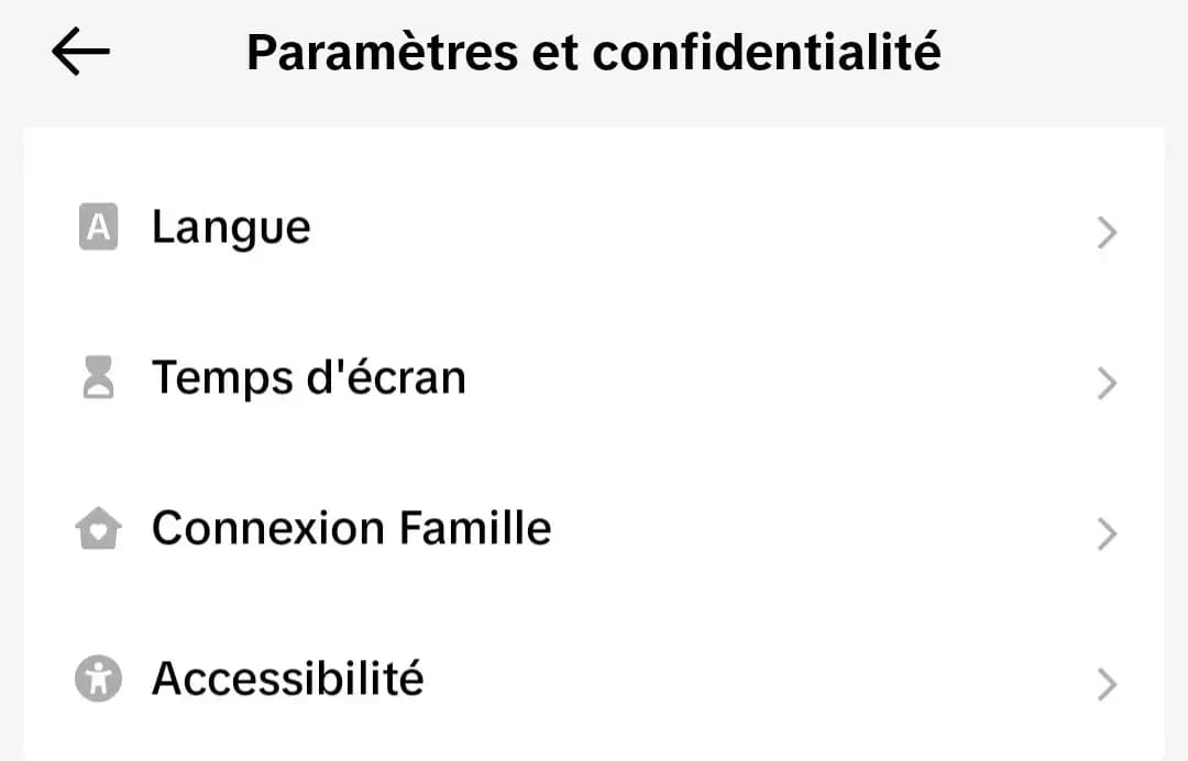 Ecran Tiktok > Paramètres et confidentialité > Temps d'écran