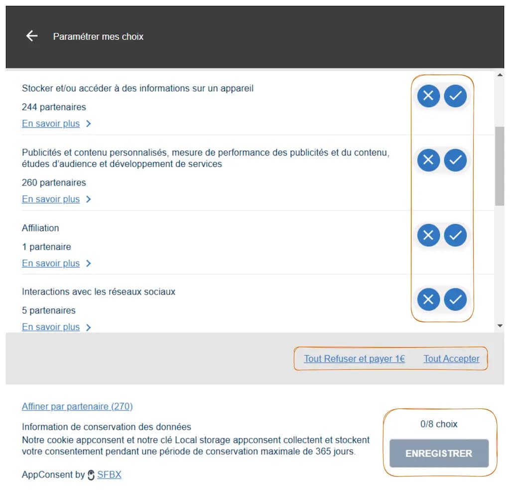 Paramétrer mes choix ou Tout refuser et payer 1€