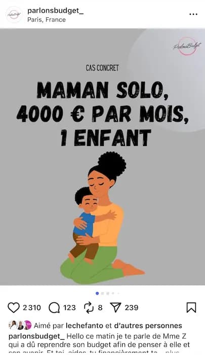 Post instagram cas concret : Maman solo 4000€ par mois, 1 enfant cas