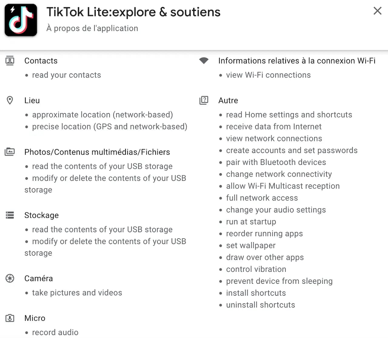 Liste des permissions demandées par TikTok Lite