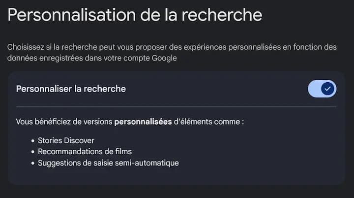 Paramétrage compte Google - Choisissez si la recherche peut vous proposer des expériences personnalisées en fonction des données enregistrées dans votre compte Google