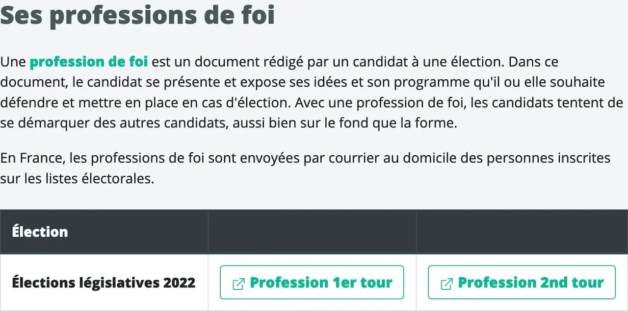 Page de profession de foi de la plateforme Datan avec comme description : Une profession de foi est un document rédigé par un candidat à une élection. Dans ce document, le candidat se présente et expose ses idées et son programme qu'il ou elle souhaite défendre et mettre en place en cas d'élection. Avec une profession de foi, les candidats tentent de se démarquer des autres candidats, aussi bien sur le fond que la forme. En France, les professions de foi sont envoyées par courrier au domicile des personnes inscrites sur les listes électorales.