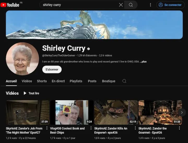 Shirley Curry - Youtube - 1,29 M d'abonnés • 2,3 k vidéos - I am an 88 year old grandmother who loves to play and record games! I live in OHIO