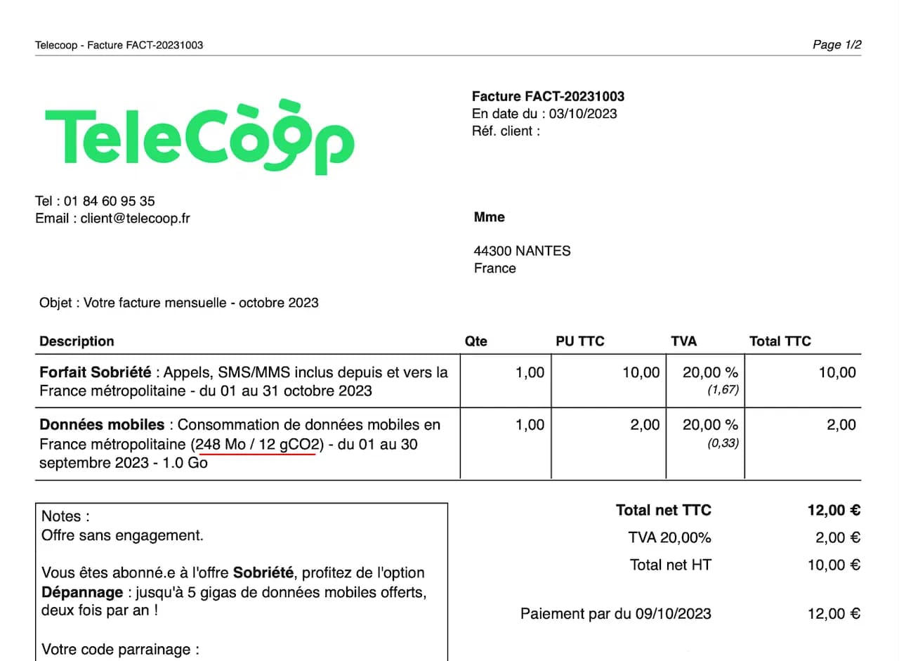 Carbon Impact Displayed on the Telecoop Invoice
