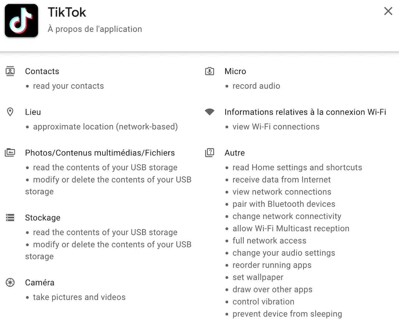 Liste des permissions demandées par TikTok Classique
