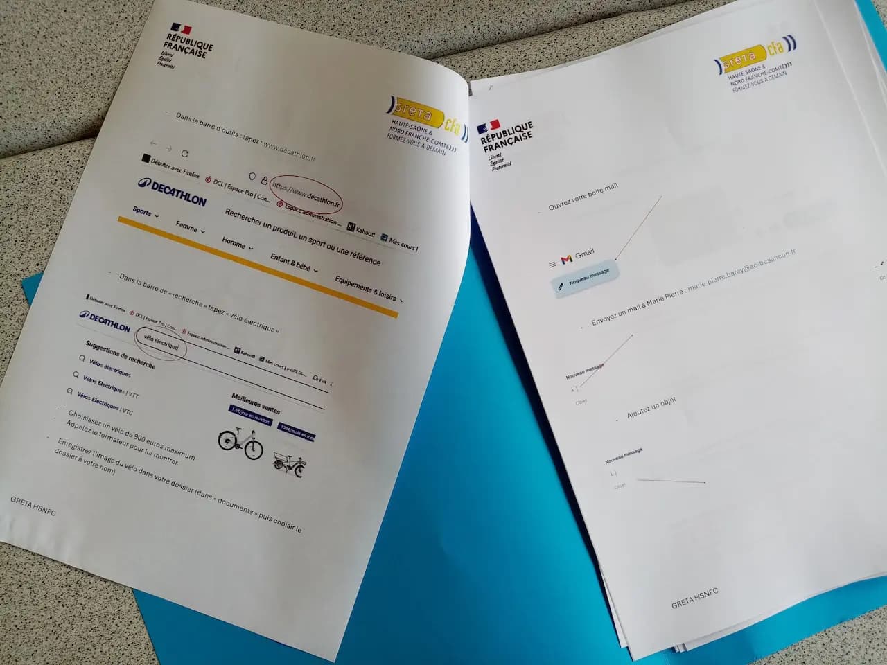 Deux feuille contenant des captures d'écran de page de décathlon et Gmail pour apprendre à faire des recherches et écrire un mail